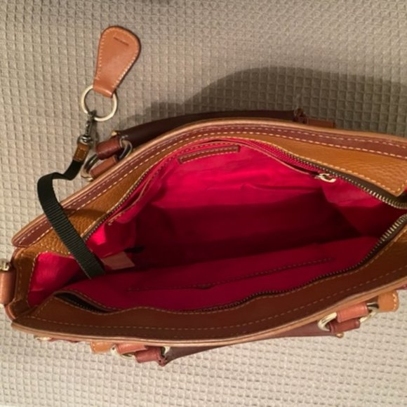 Dooney & Bourke Brown Tan Camel Natural Leather Satchel Purse Bag Red Lining Key - Picture 13 of 14
